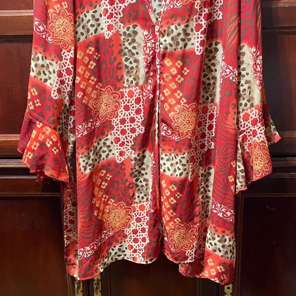 Maggie Barnes Vibrant Red, Cream, brown and Orange Patterned size 32W duster